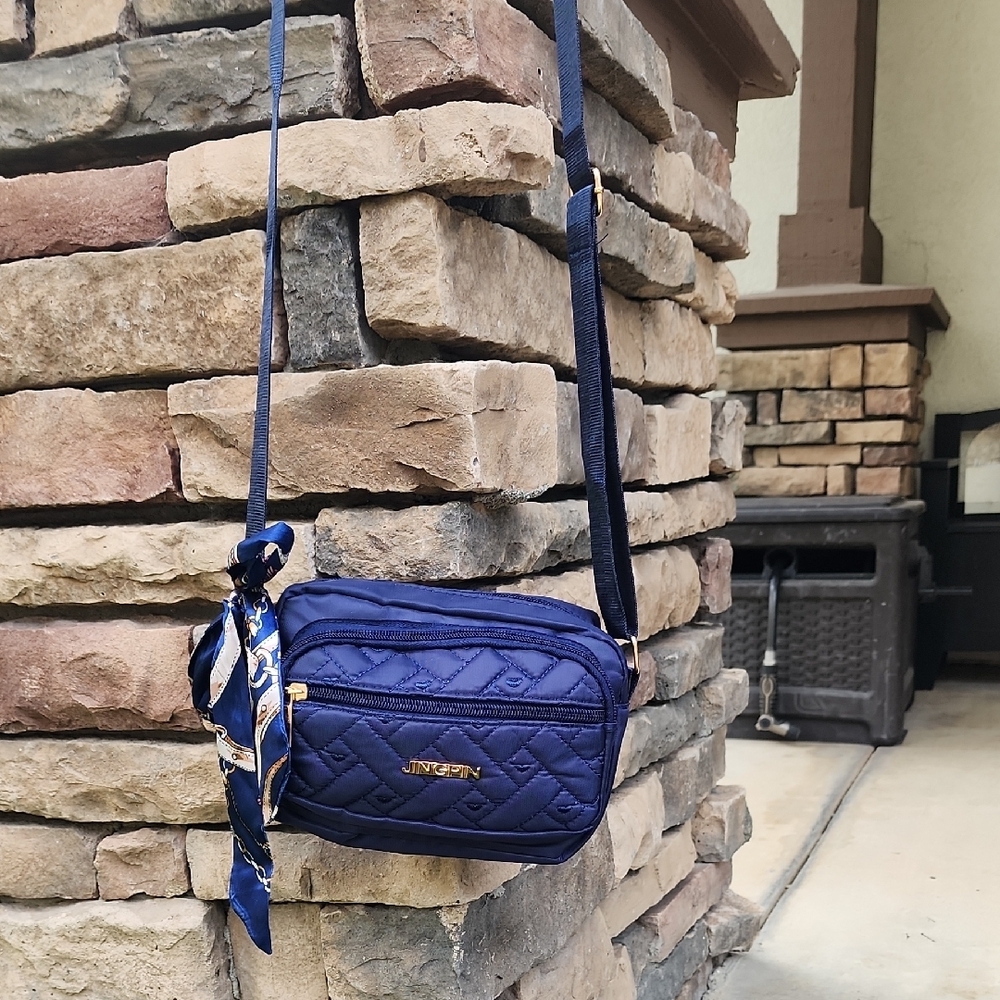Navy Quilted Crossbody Bag with Scarf Accent